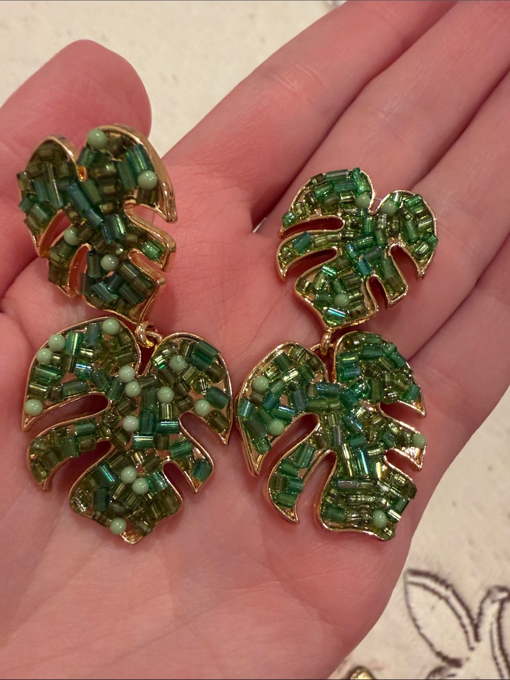 Gold-Tone Green Beaded Monstera Leaf Drop Earrings
